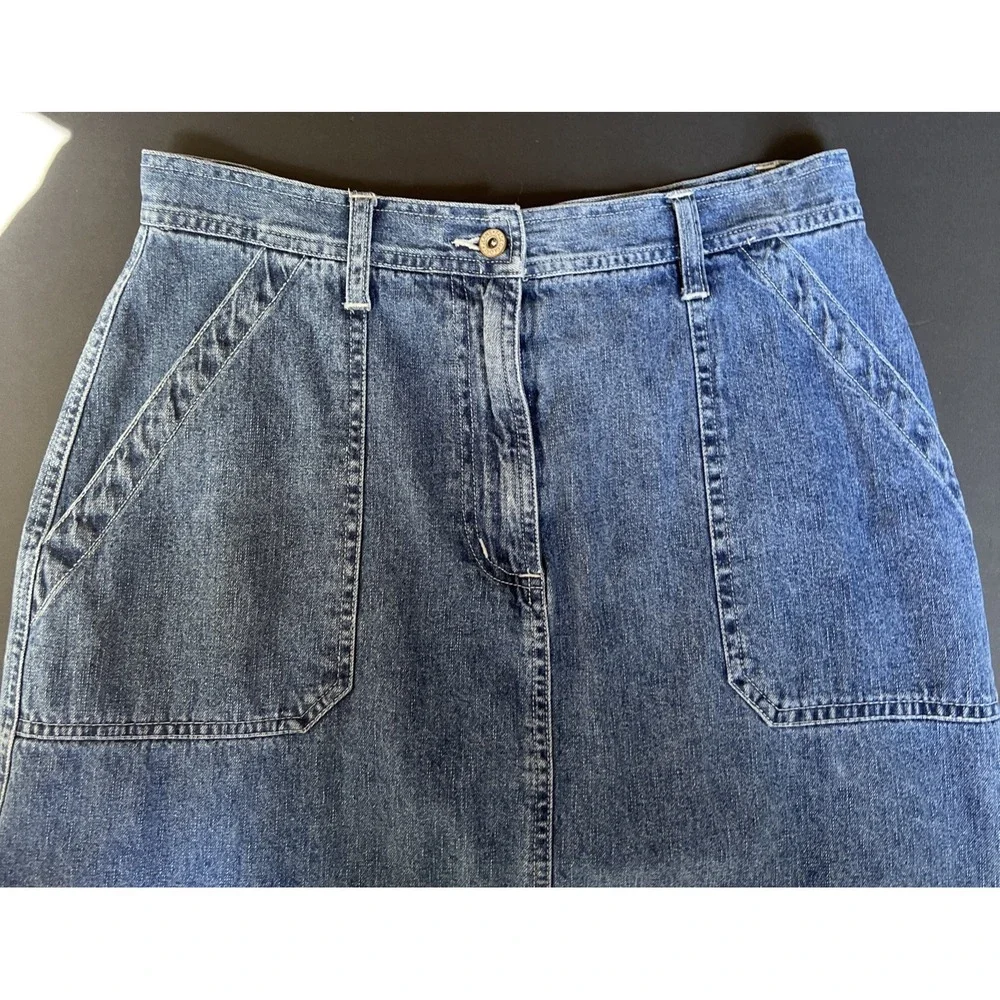 VTG Faded Glory Womens Blue Denim Maxi Skirt Size 10 Pockets Back Slit Y2K 90's